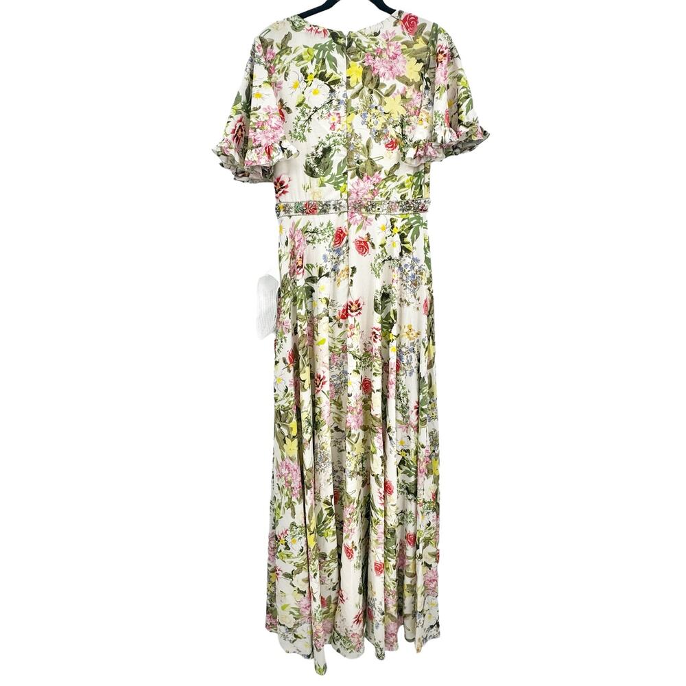 Mac Duggal Floral Print Faux Wrap Flutter Sleeve A-Line Gown Multicolor 12 NWT - Picture 6 of 11